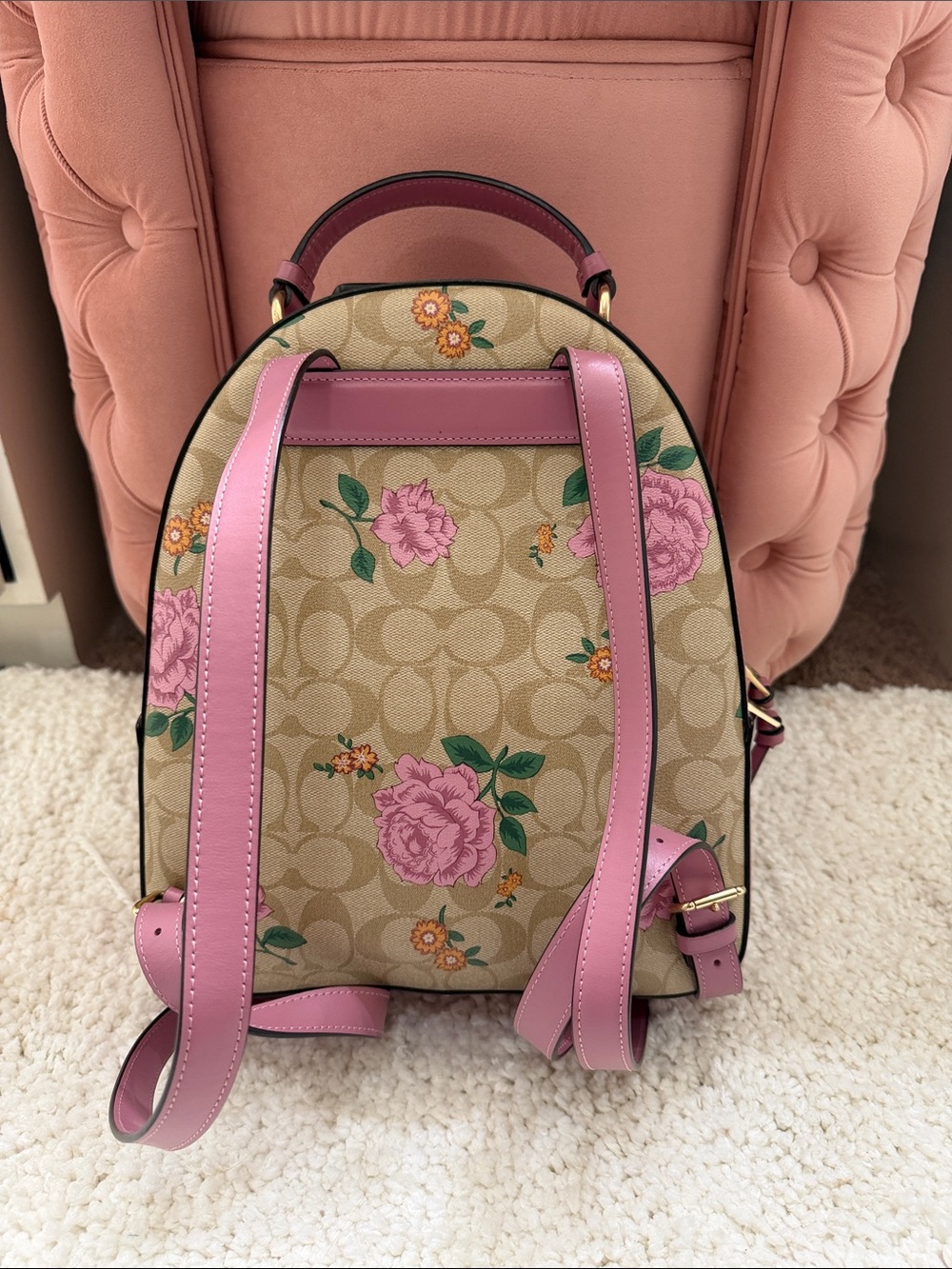 Coach Beige Floral Signature Mini Backpack with Pink Trim - Picture 3 of 4